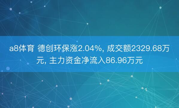 a8体育 德创环保涨2.04%, 成交额2329.68万元, 主力资金净流入86.96万元